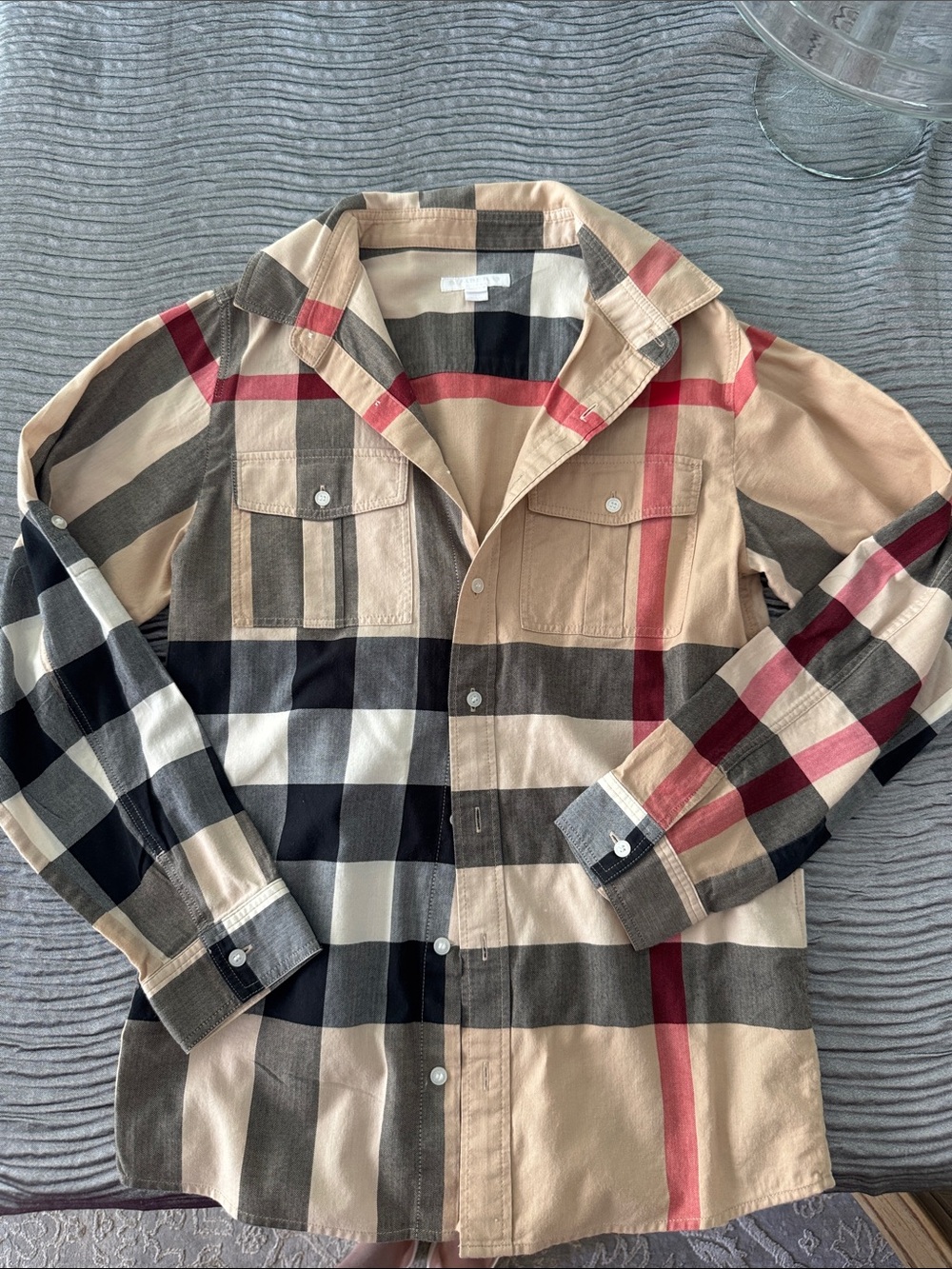 Burberry Beige Black White Red Plaid Button-Down Shirt
